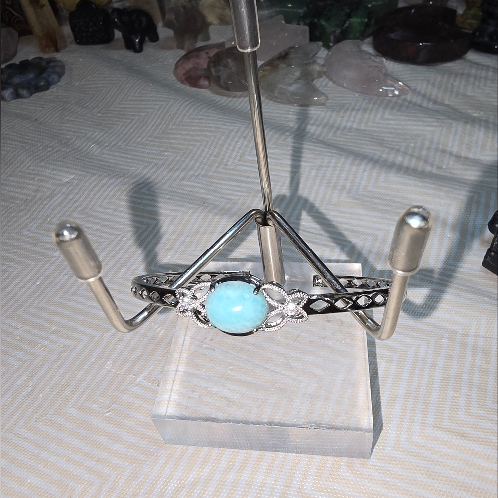 Natural Crystal Larimar butterfly cuff bracelet